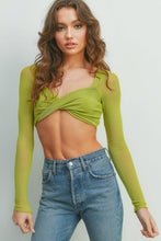 Green Mesh Sleeve Twisted Cropped Long Slleve Top