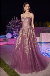 Gold Violet Strapless Layered Tulle Ball Gown