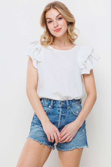 Ivory Gauze Double Ruffled Short Sleeve Top