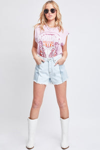 Junior High-Rise Colorblock Denim Short W/Fray Hem