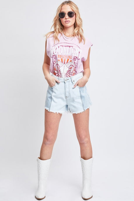 Junior High-Rise Colorblock Denim Short W/Fray Hem