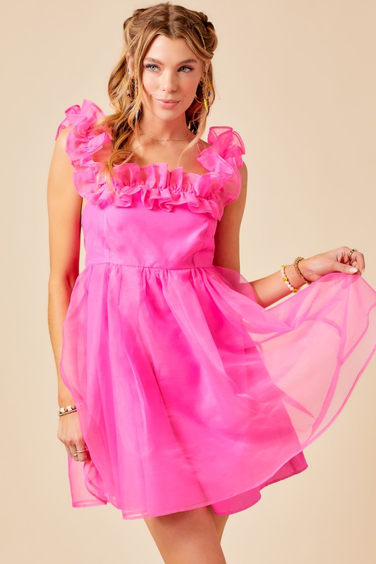 Shocking Pink Ruffle Detail Organza Puff Dress