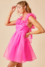 Shocking Pink Ruffle Detail Organza Puff Dress