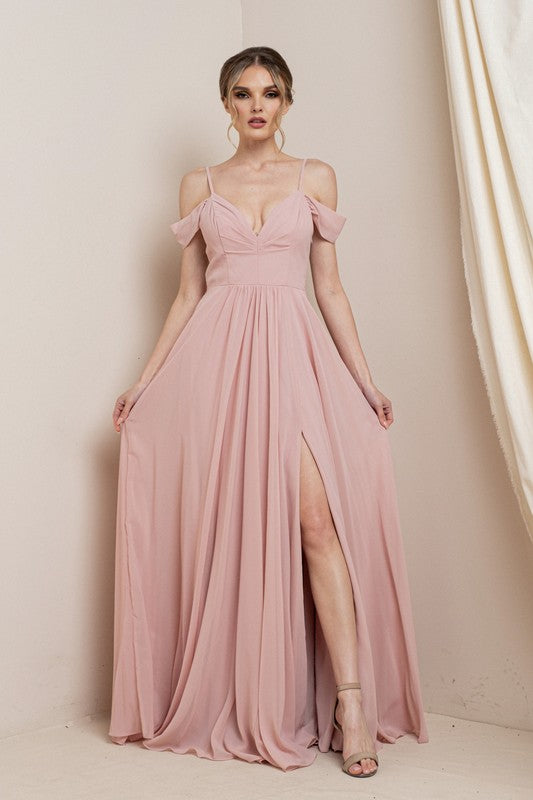 Dusty Blush Beautiful Dress With Shoulder Detail And See-through Lace Back With Side Slit