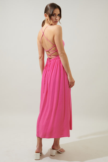 Fuchsia Aisha Open Back Lace Up Midi Dress