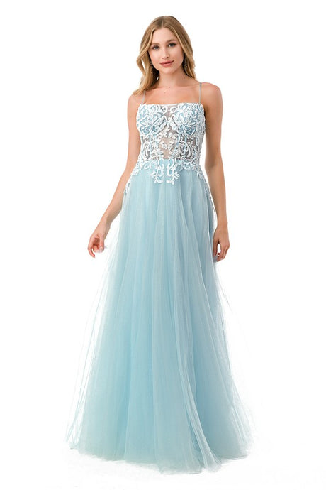Ice Blue Embroidered Long Tulle Evening Dress