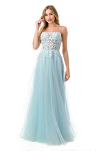 Ice Blue Embroidered Long Tulle Evening Dress