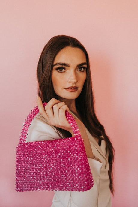 Fuchsia Sherry Lime Beaded Top Handle Bag