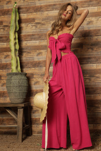 Fuchsia Linen Smocking Top And Pants Set