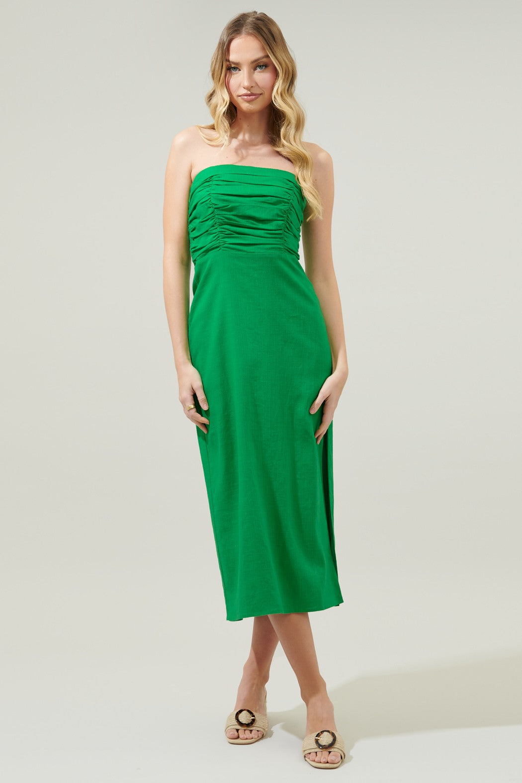Kelly-Green Morro Bay Strapless Ruched Midi Dress Aquarius Brand Kelly-Green Morro Bay Strapless Ruched Midi Dress Aquarius Brand
