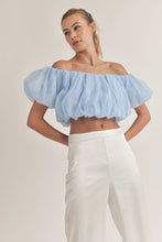 Blue Off Shoulder Balloon Sleeve Crop