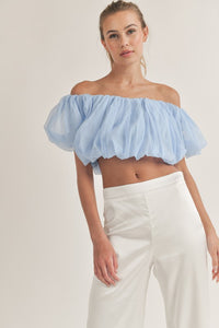 Blue Off Shoulder Balloon Sleeve Crop