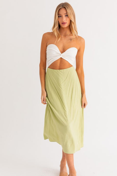 Green-White Tube Contrast Midi Dress