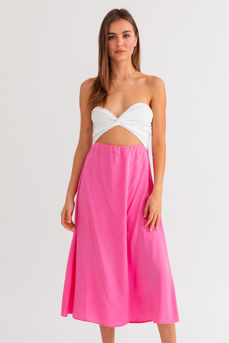 Pink-White Tube Contrast Midi Dress