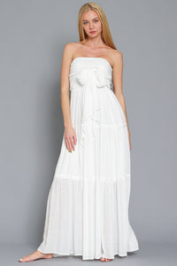 Off White Tube Smocked Tie Front Top Lace Trim Tiered Maxi
