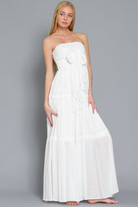 Off White Tube Smocked Tie Front Top Lace Trim Tiered Maxi