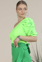 Neon Lime Women One Shoulder Ruched Style Top