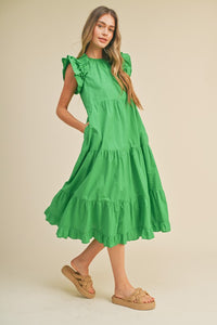 Kelly Green Flutter Sleeve Tiered Midi Dress