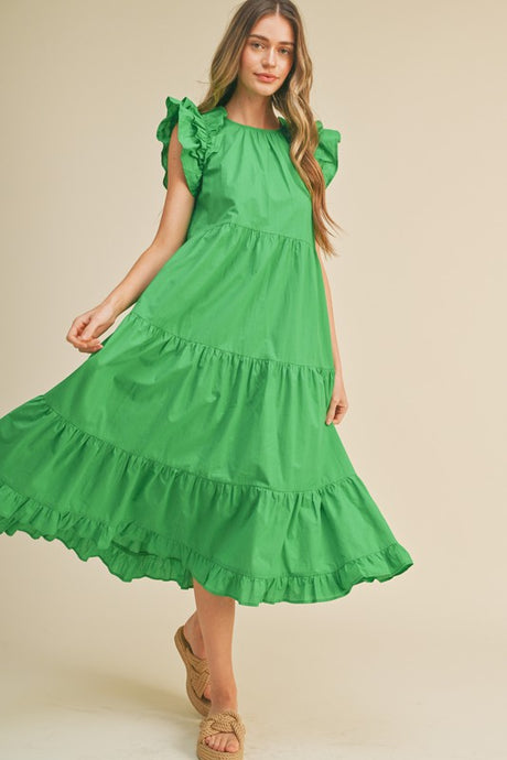Kelly Green Flutter Sleeve Tiered Midi Dress