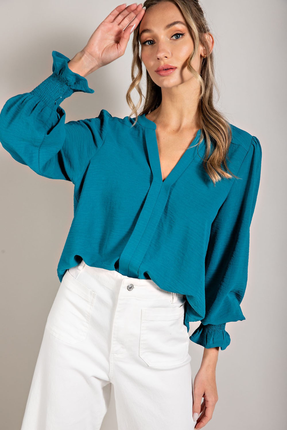 Teal V-Neck Long Sleeve Top