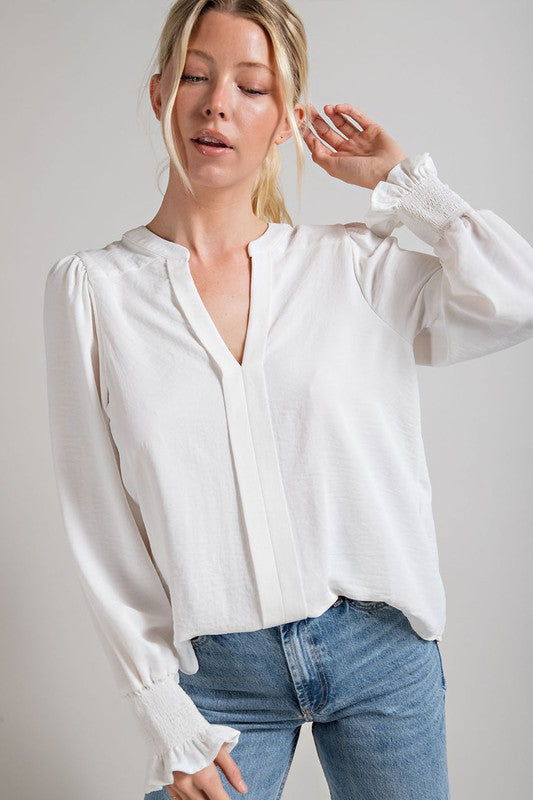 Off White V-Neck Long Sleeve Top