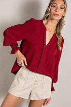 Wine V-Neck Long Sleeve Top