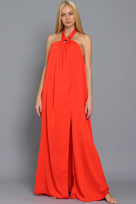 Halter And Cf Neck Trim Detail Backless Maxi Dress