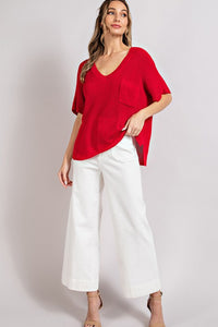 Currant V-Neck Ribbed Short Sleeve Top