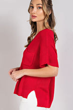 Currant V-Neck Ribbed Short Sleeve Top