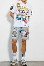 Light Stone Tint Pen & Brush Art Dept. Multi Patch Denim Shorts