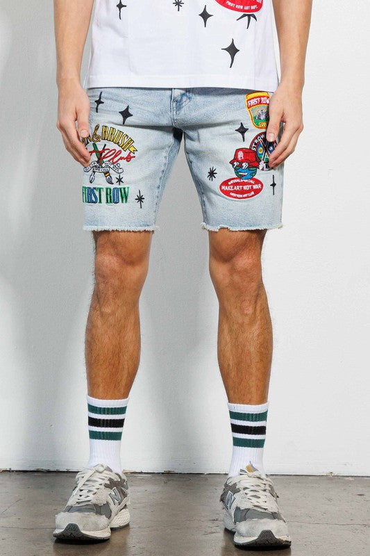 Light Stone Tint Pen & Brush Art Dept. Multi Patch Denim Shorts