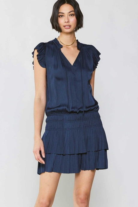 Dark Navy Mini Dress With Pleated Skirt