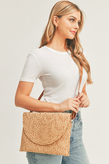 Natural Straw Envelope Wristlet Clutch / Crossbody Bag