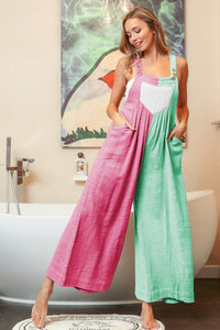 Pink/Jade/White Color Block Gathered Front Slub Jumpsuit