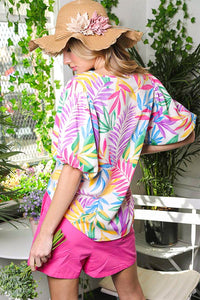 Pink Multi Tropical Print Seersucker Woven Top