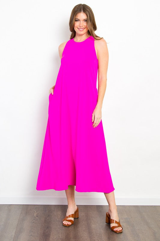 Magenta Solid Woven Sleeveless Dress