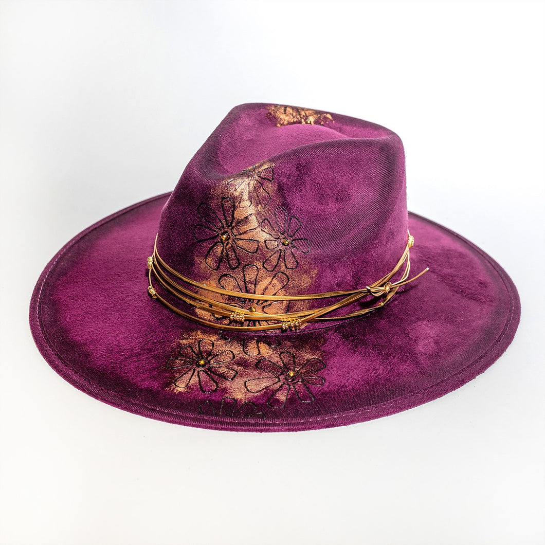 Fuchsia Scarlet Gold Painted Western Hat Handmade