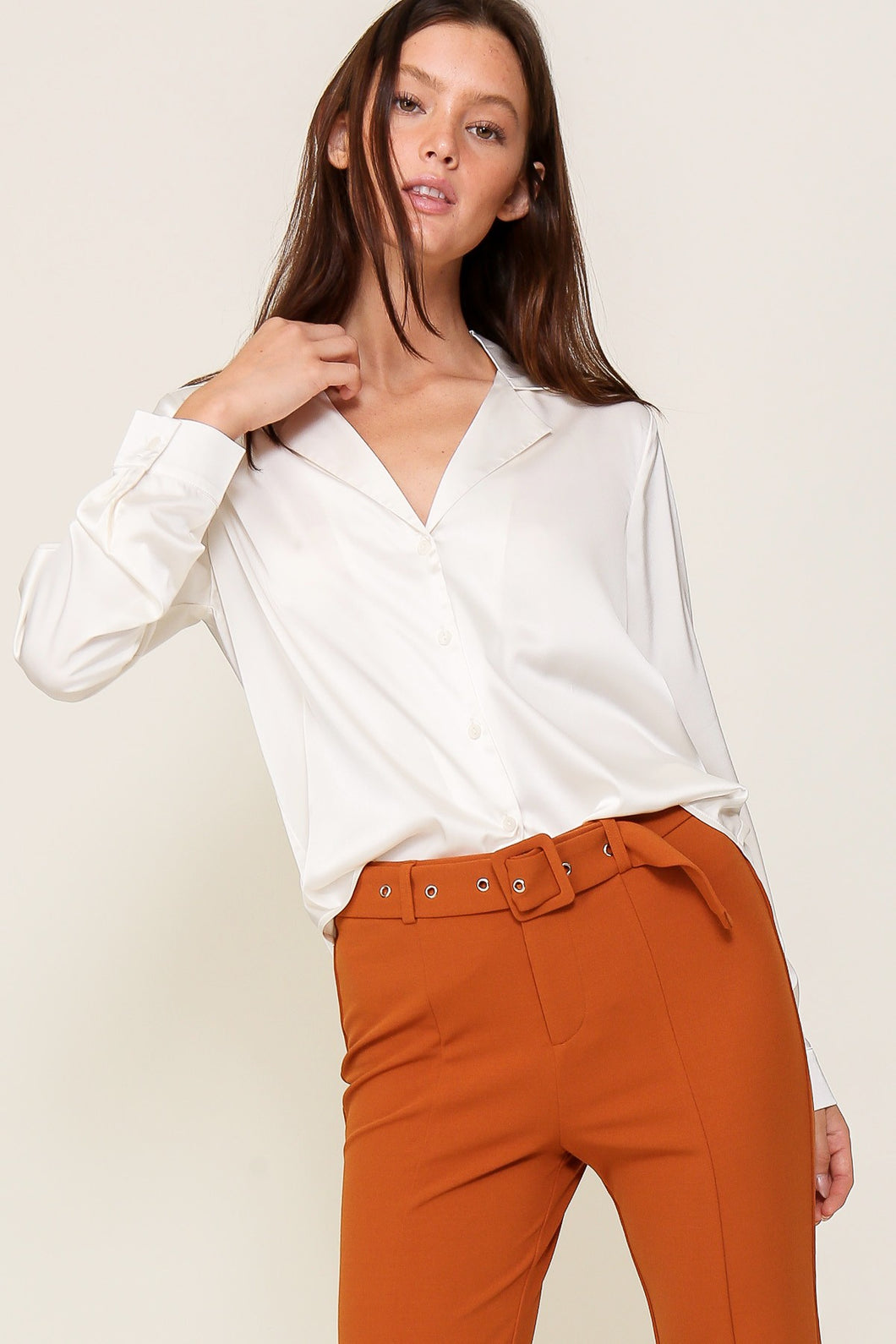 Ivory Satin Collared Button Down Blouse