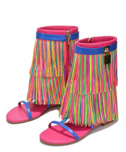 Multi Round, Open Toe Flat Sandal, With Fringe Detail