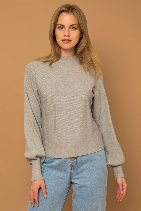 H-Grey Turtleneck Long Puff Sleeve Knit Sweater