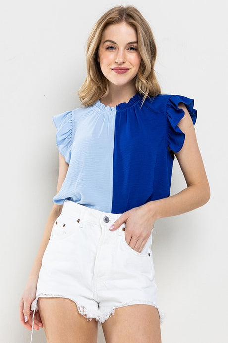 Lt Blue/Blue Game Day Ruffle Sleeveless Woven Blouse Top