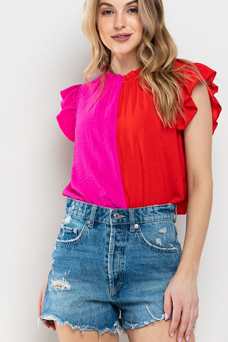 Pink/Red Game Day Ruffle Sleeveless Woven Blouse Top