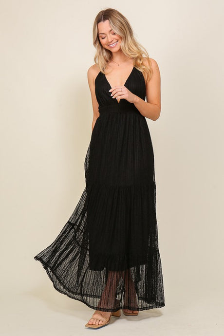 Black Boho Halter Tiered Lace Maxi Lined Dress