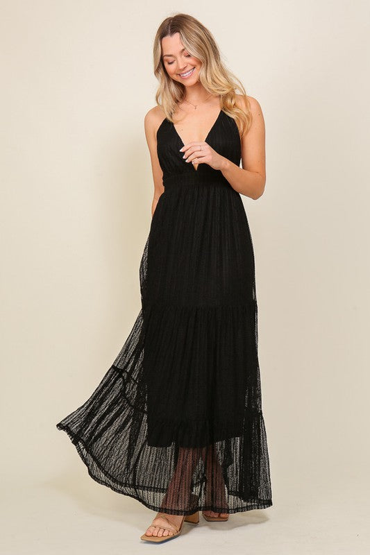 Black Boho Halter Tiered Lace Maxi Lined Dress – Aquarius Brand