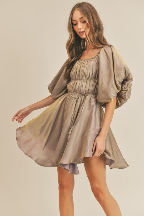 Mocha Gold Metallic Bubble Sleeve Flared Mini Dress