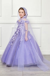 Lilac 3D Floral Off Shoulder Mini Quince Dress with Cape