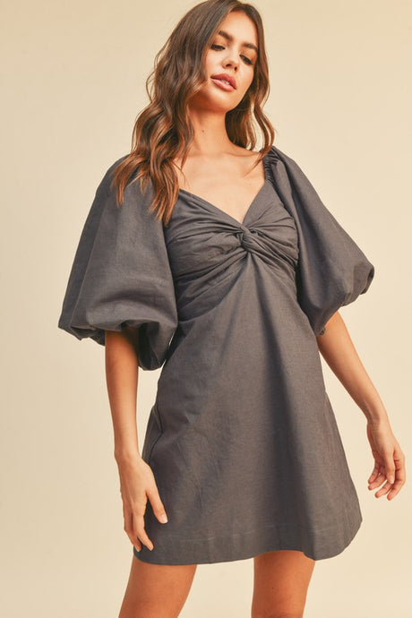 Charcoal Twisted Knot Front Ballon Sleeve Dress