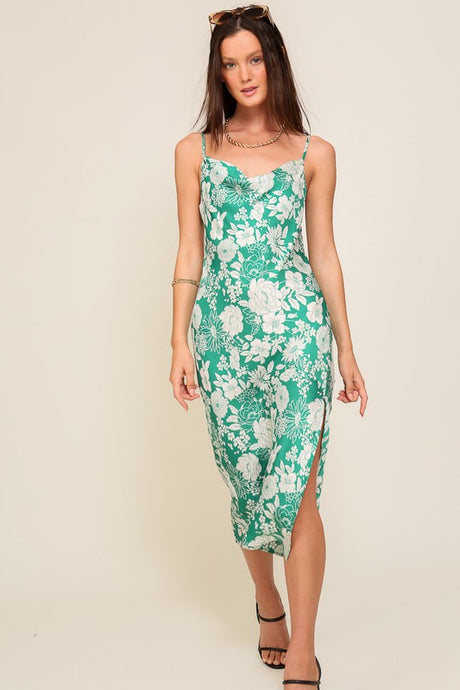 Green/Cream Satin Floral Print Maxi Dress With Front Slit