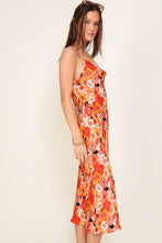 Rust/Cream Satin Floral Print Maxi Dress With Front Slit