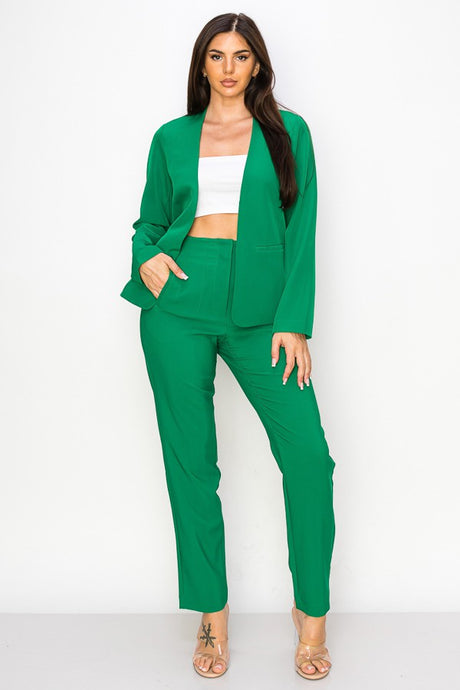 Green Solid High Waist Dress Pants